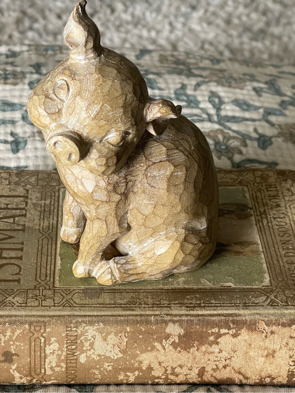 Vintage style wood look pig figurine